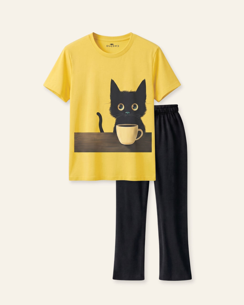 Girls Coffee Cat Trouser Set — Yellow