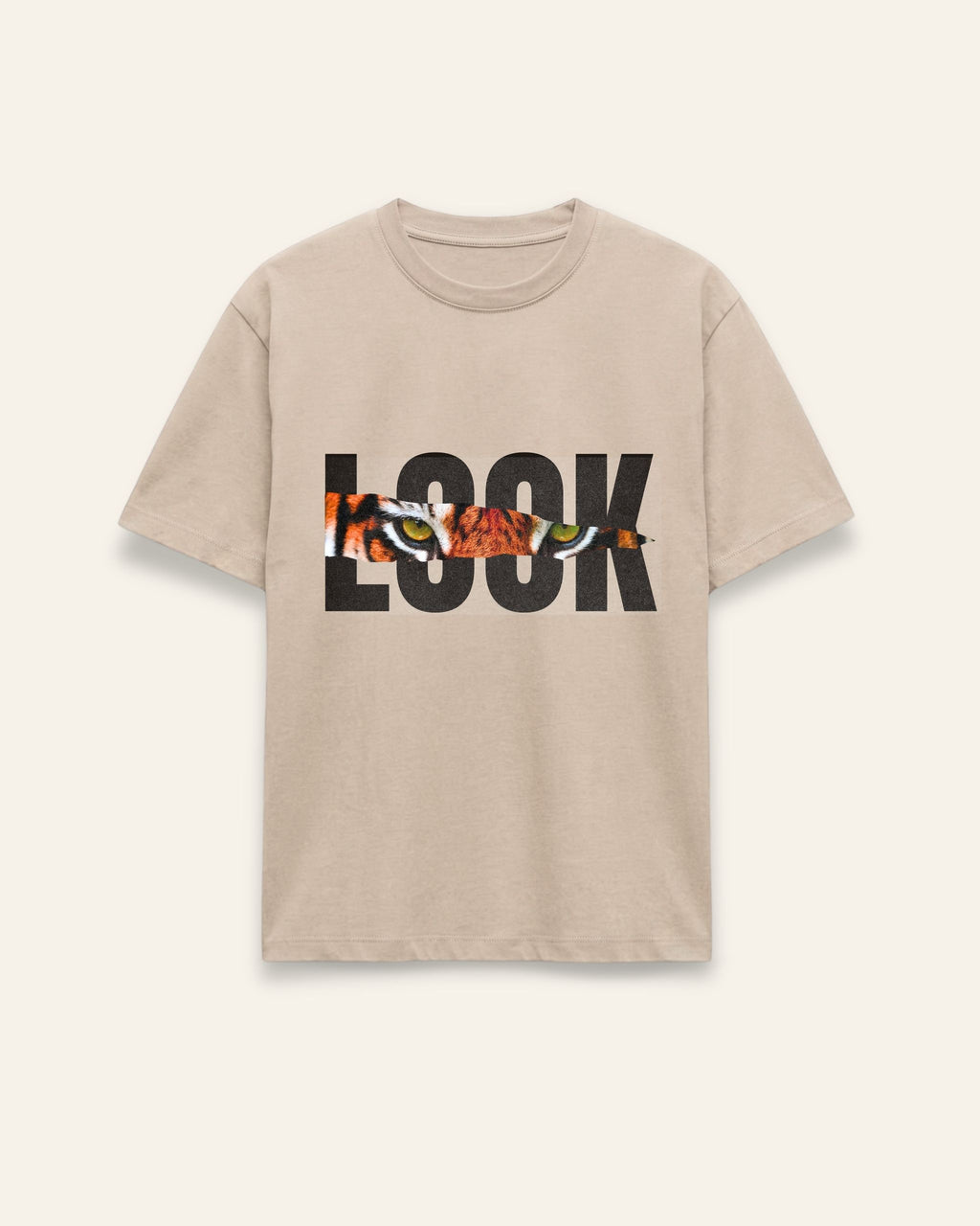 Sand cotton tee with bold LOOK tiger graphic printed on the front