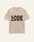 Sand cotton tee with bold LOOK tiger graphic printed on the front
