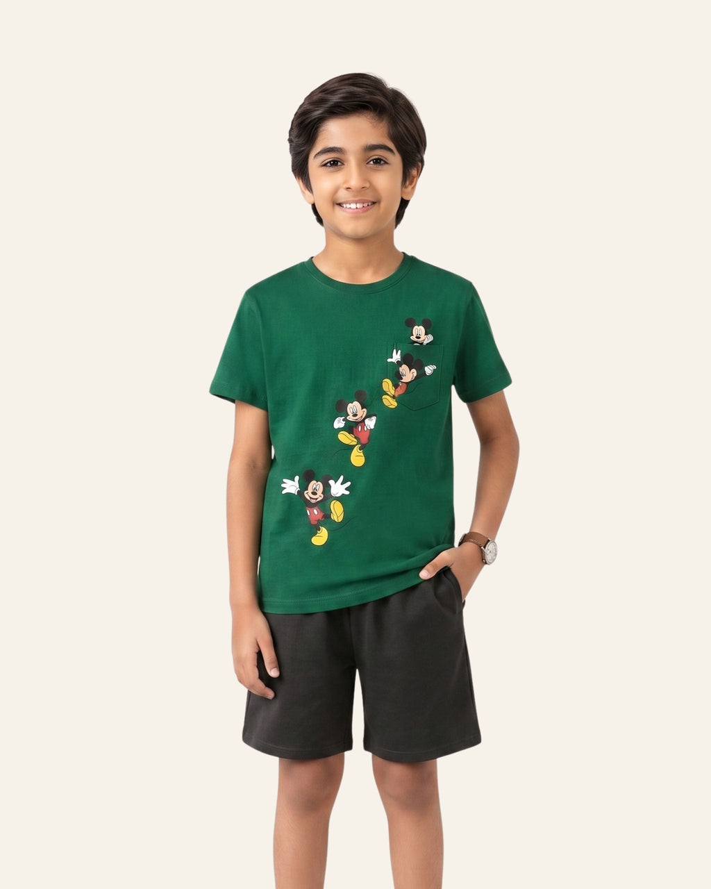 Boys Cartoon Mouse Shorts Set — Green