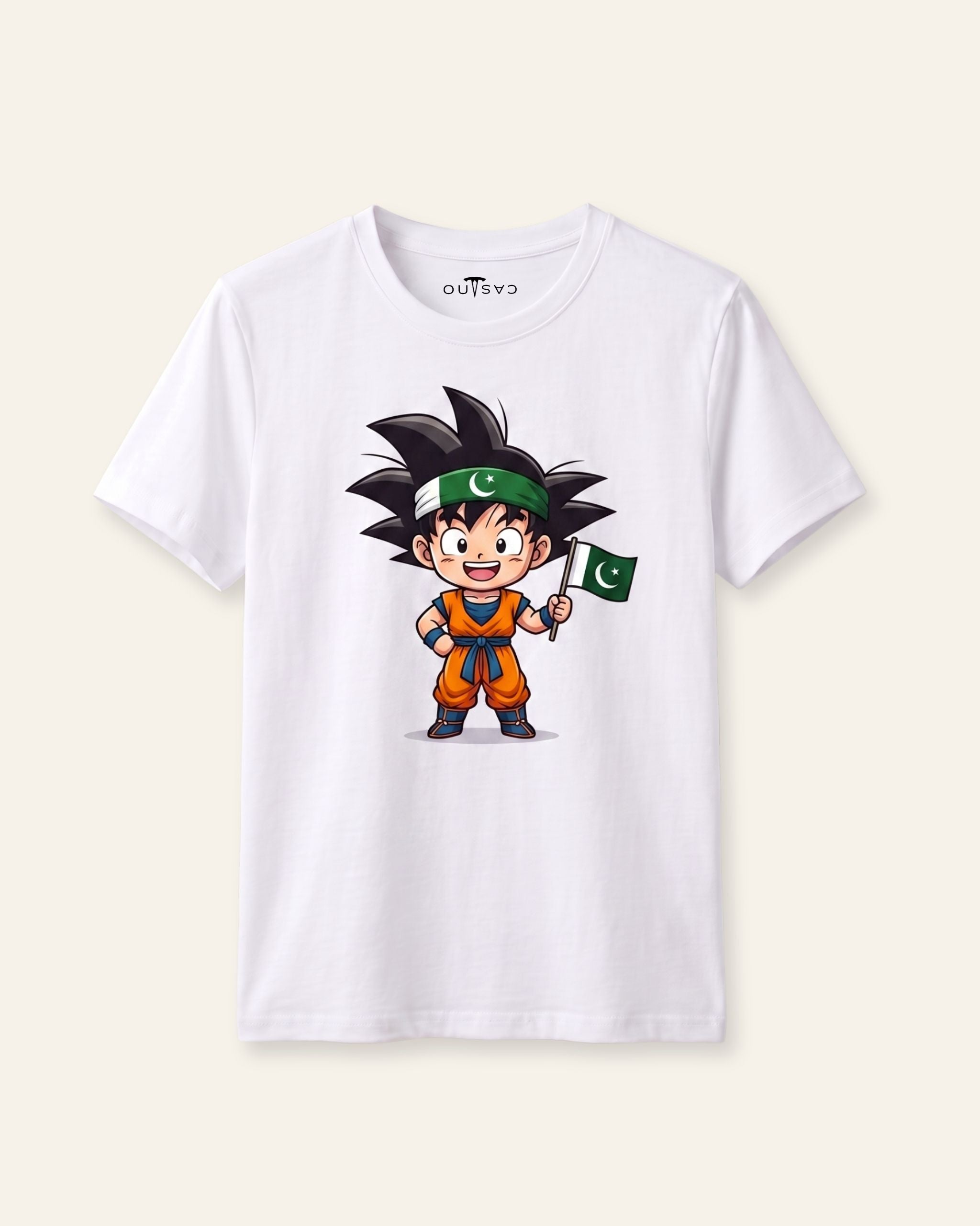 Kids white tee with a cartoon hero holding the Pakistan flag