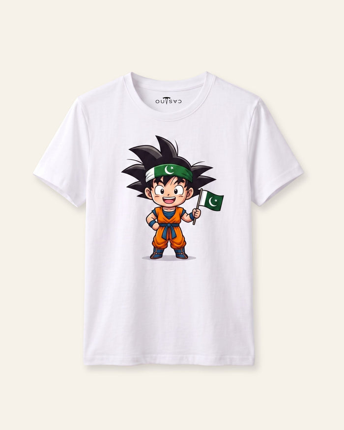 Cartoon Hero With Flag White Tee