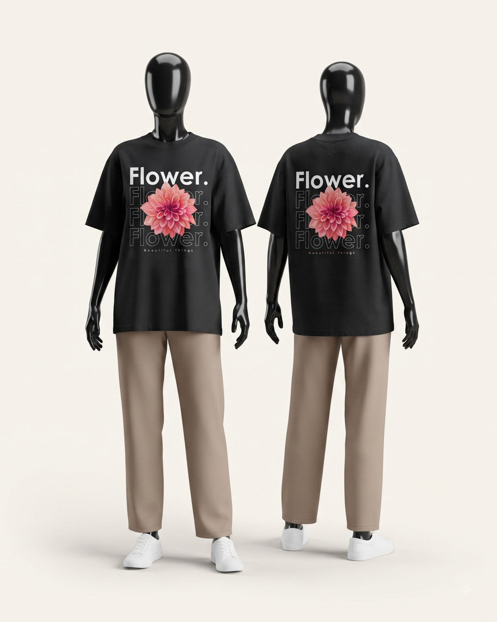 Black cotton tee shown from the front and the back, both printed with the dahlia bloom graphic