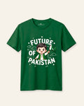 Kids green tee reading Future of Pakistan with a boy holding a flag