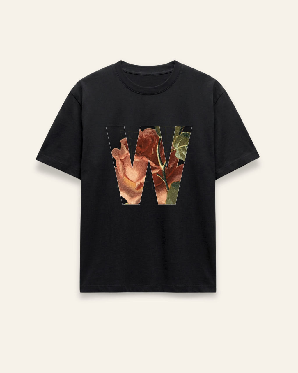 Front of the black cotton tee with a torn-paper floral collage print