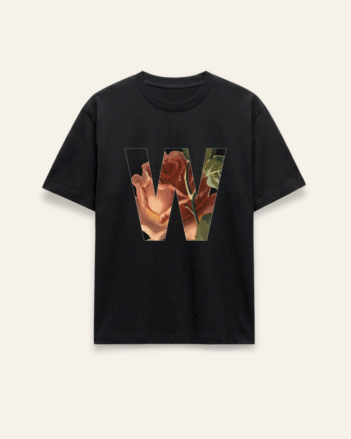 Front of the black cotton tee with a torn-paper floral collage print