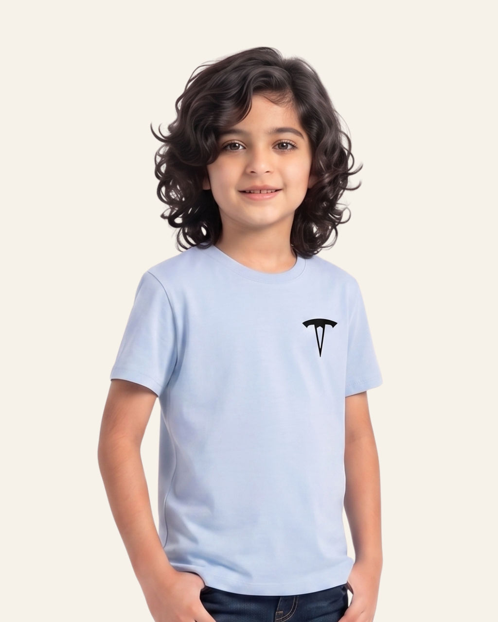 Boy wearing a sky blue OUTCAST basic tee, front view
