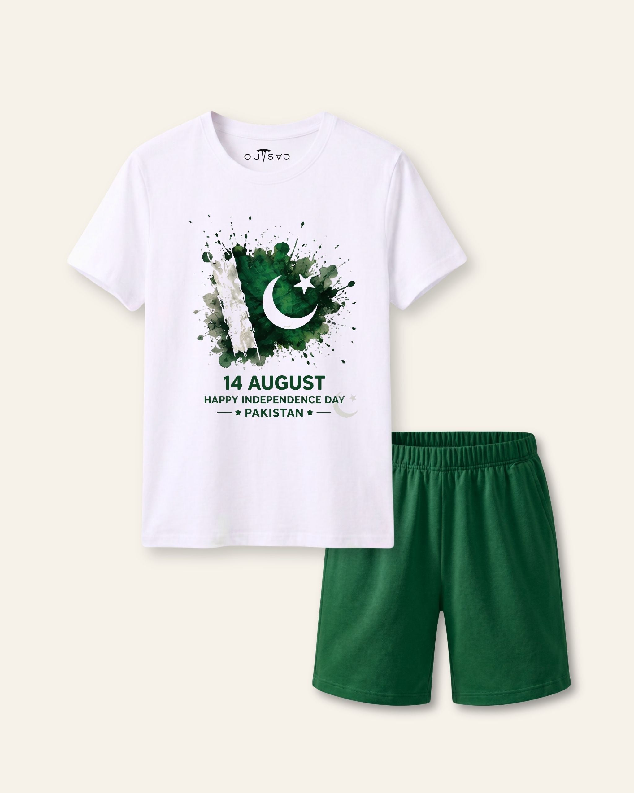 Kids white tee with a 14 August flag spray print and green shorts
