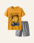 Yellow kids tee with a cartoon cat and speakers print and matching dark shorts