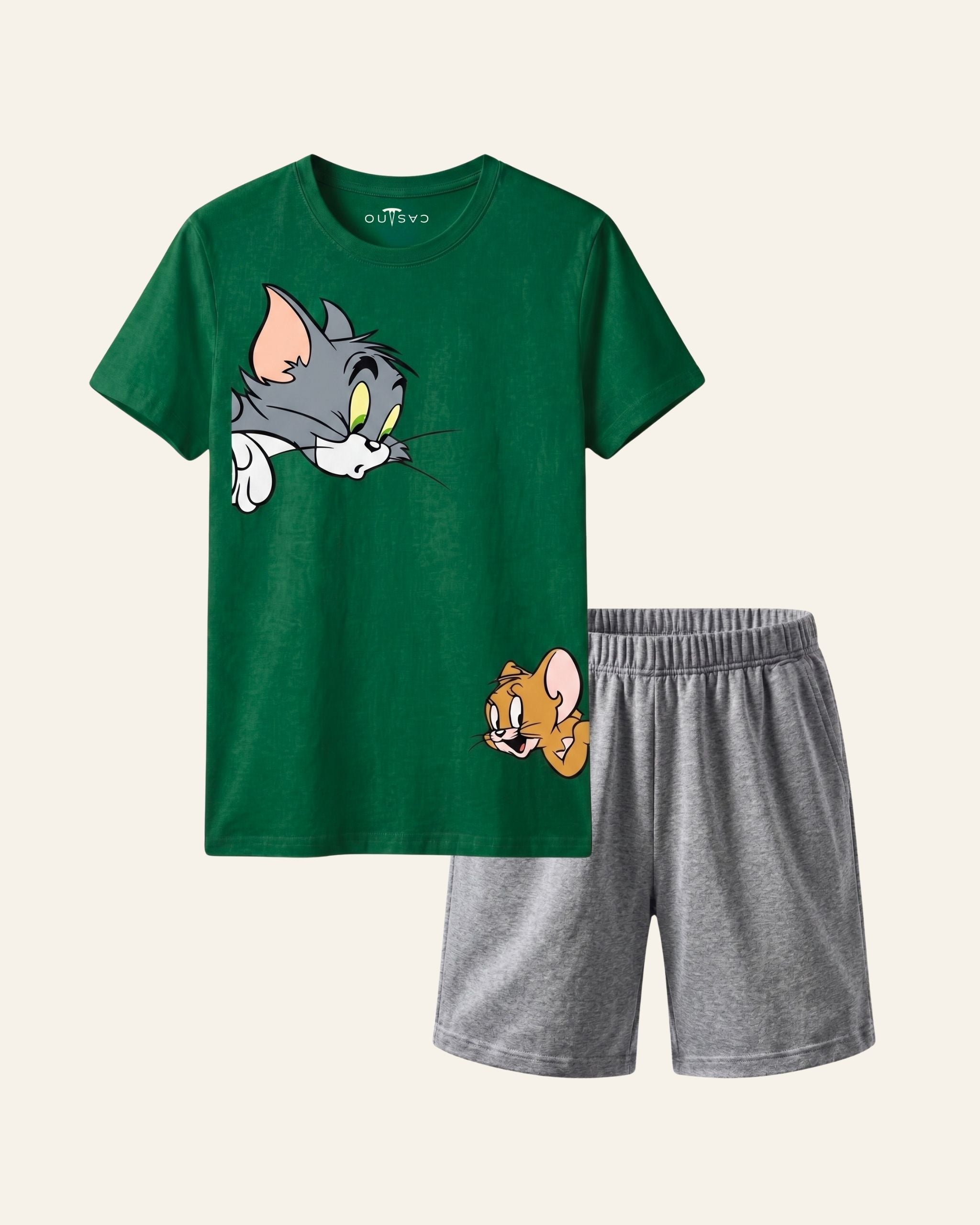 Boys Cartoon Cat & Mouse Shorts Set — Green