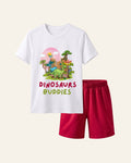 White kids tee with a group of dinosaurs print and matching red shorts
