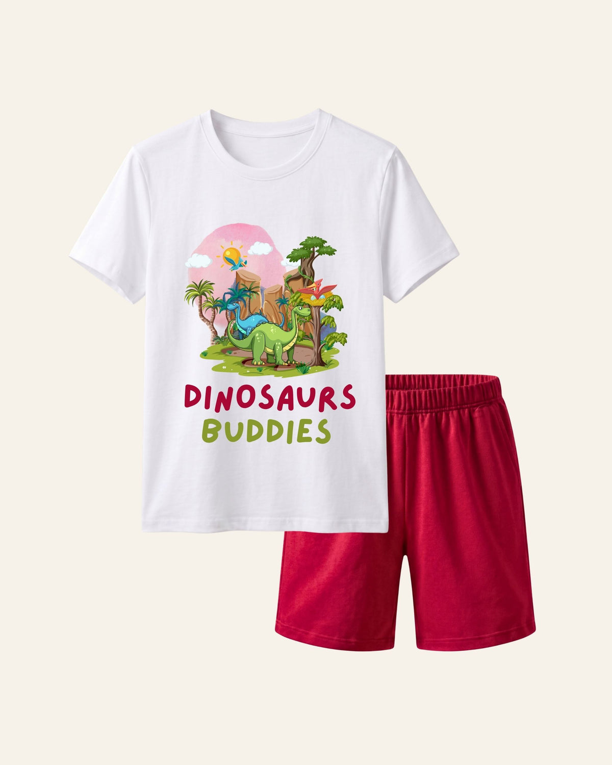 White kids tee with a group of dinosaurs print and matching red shorts