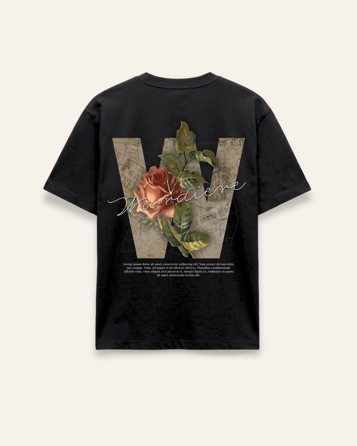 Back of the black cotton tee with a large letterform filled with antique roses