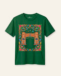 Kids green tee with a red and pink truck art arch print