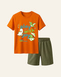 Orange kids tee with little dinosaurs print and matching olive shorts