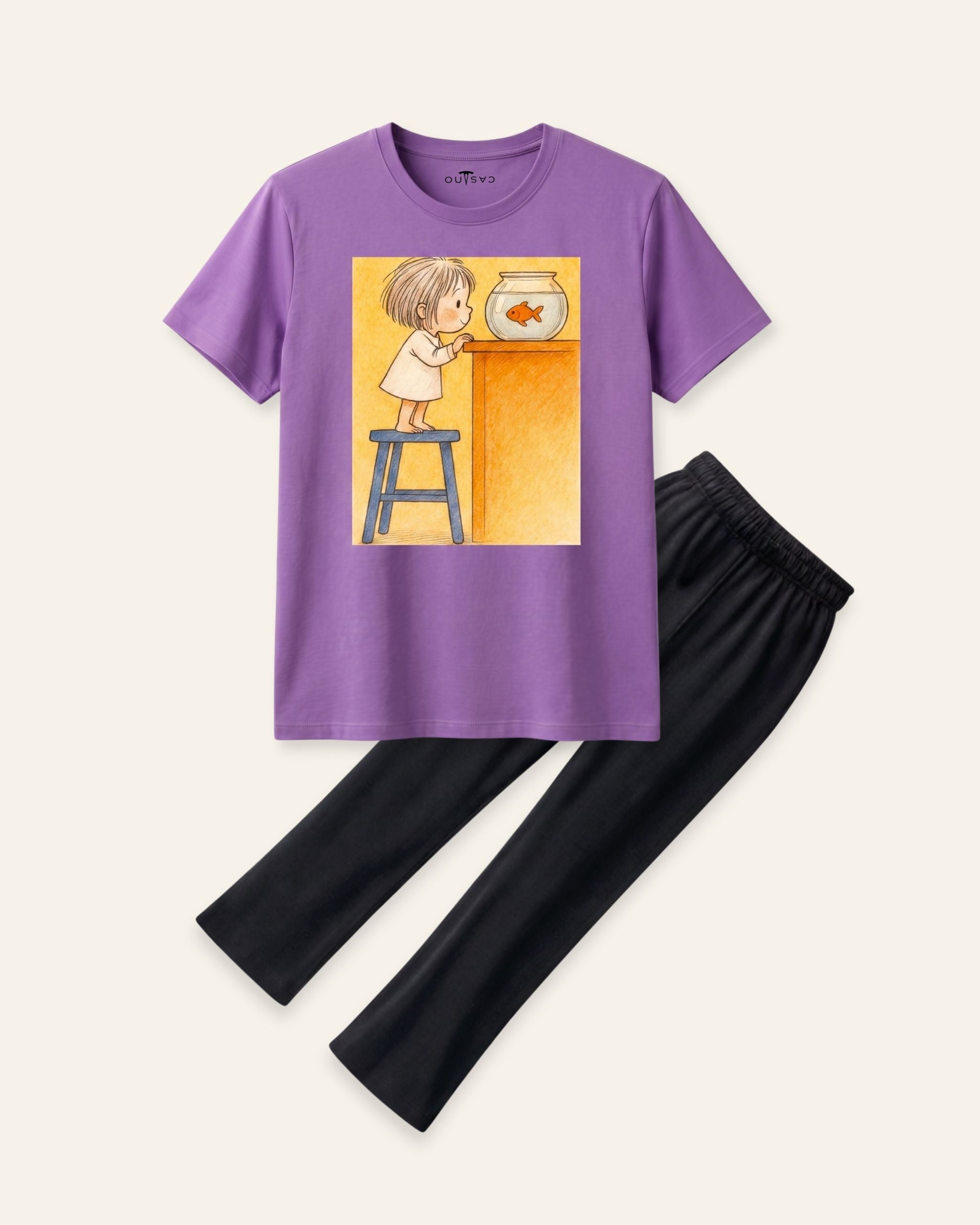 Girls Cat Chair Trouser Set — Purple