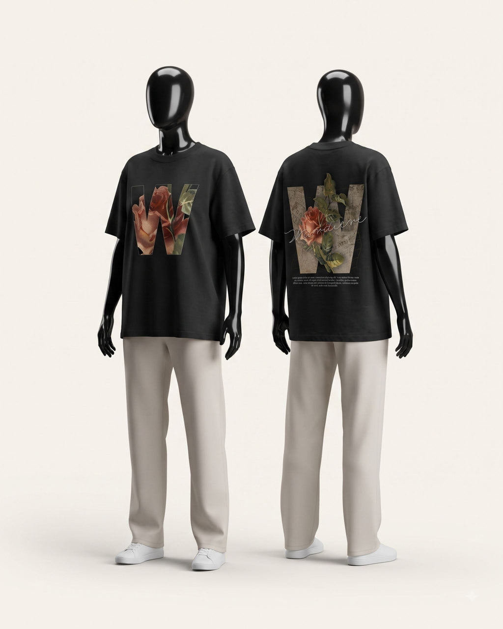 Black cotton tee shown from the front and the back, both printed with floral collage graphics
