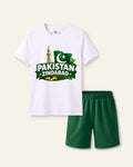 Kids white tee with Pakistan Zindabad and a flag print and green shorts