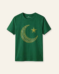 Kids green tee with a gold crescent and star print