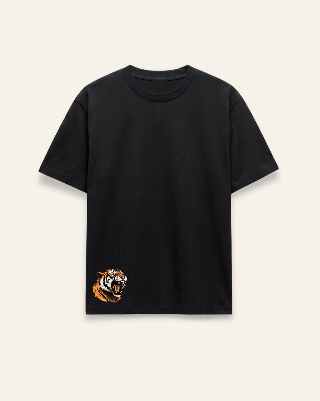 Front of the black cotton tee with a small tiger badge low on the left side