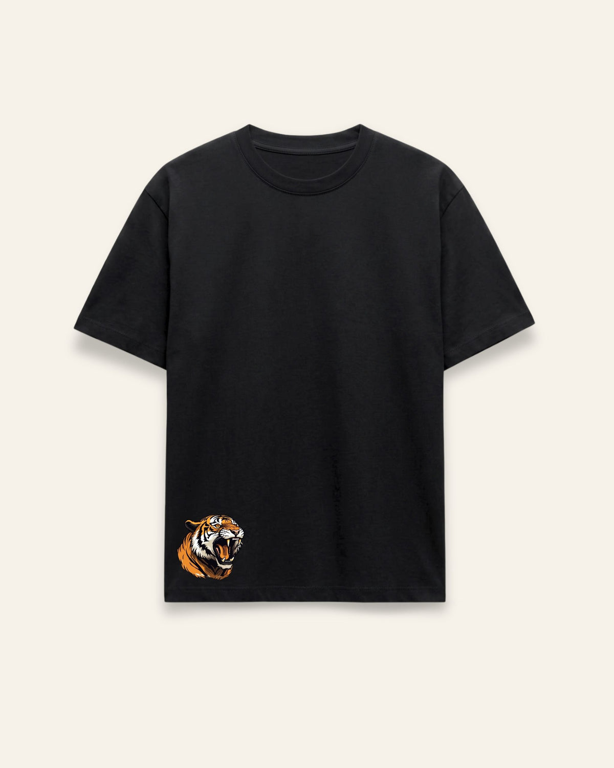 Front of the black cotton tee with a small tiger badge low on the left side