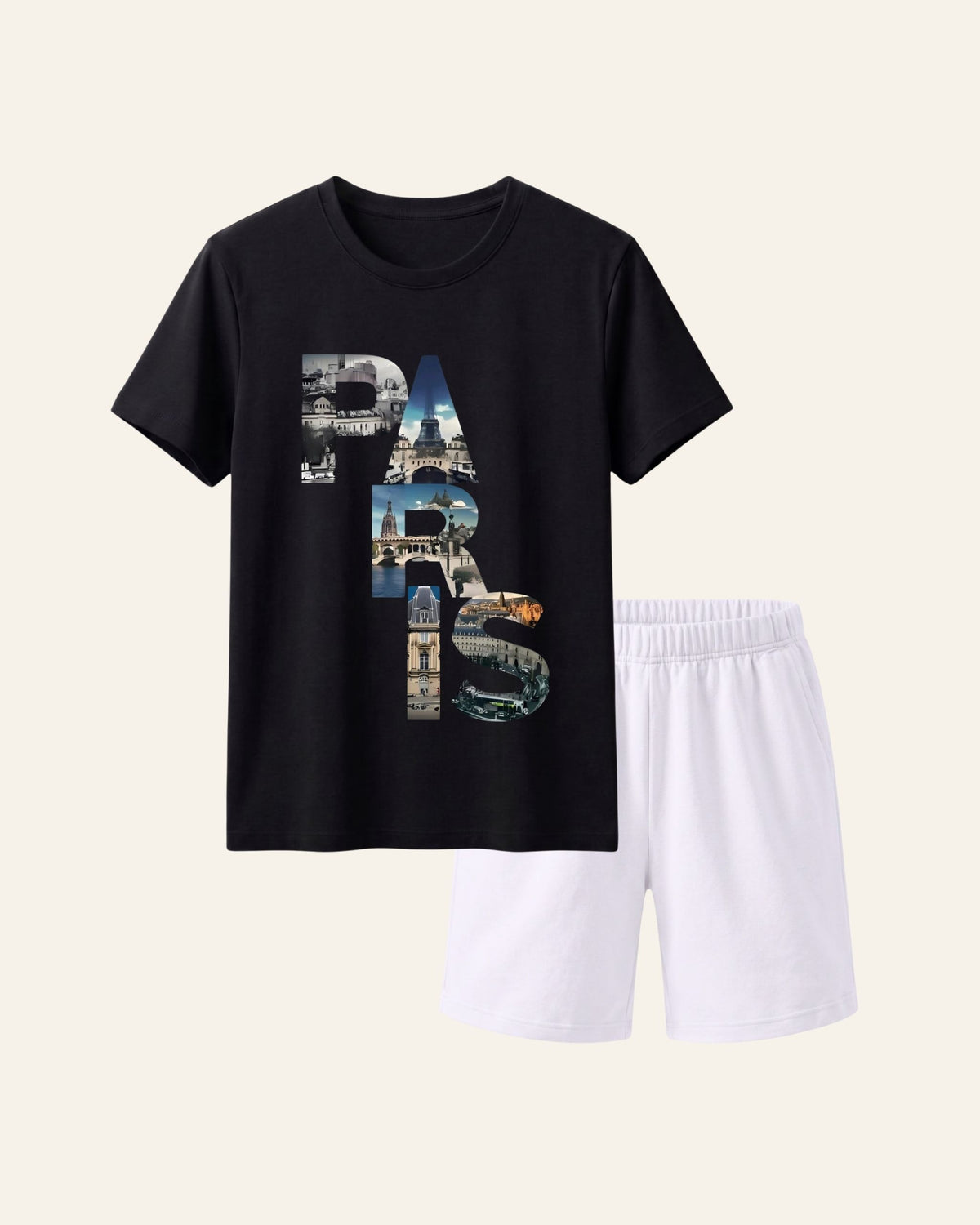 Black kids tee with PARIS block lettering and matching white shorts