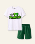 Kids white tee with an I love Pakistan heart print and green shorts