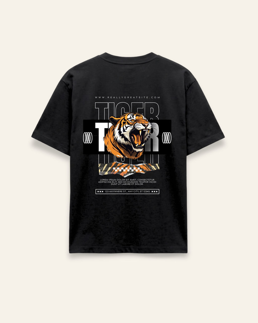Back of the black cotton tee with a framed tiger poster and bold TIGER lettering
