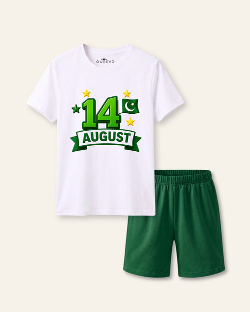 Kids white tee with a 14 August and stars print and green shorts