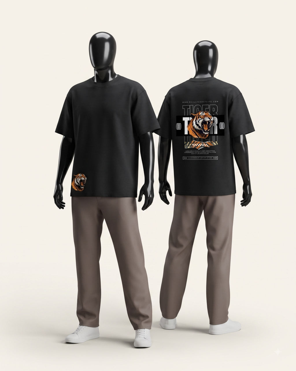Black cotton tee shown from the front and the back, both printed with tiger graphics