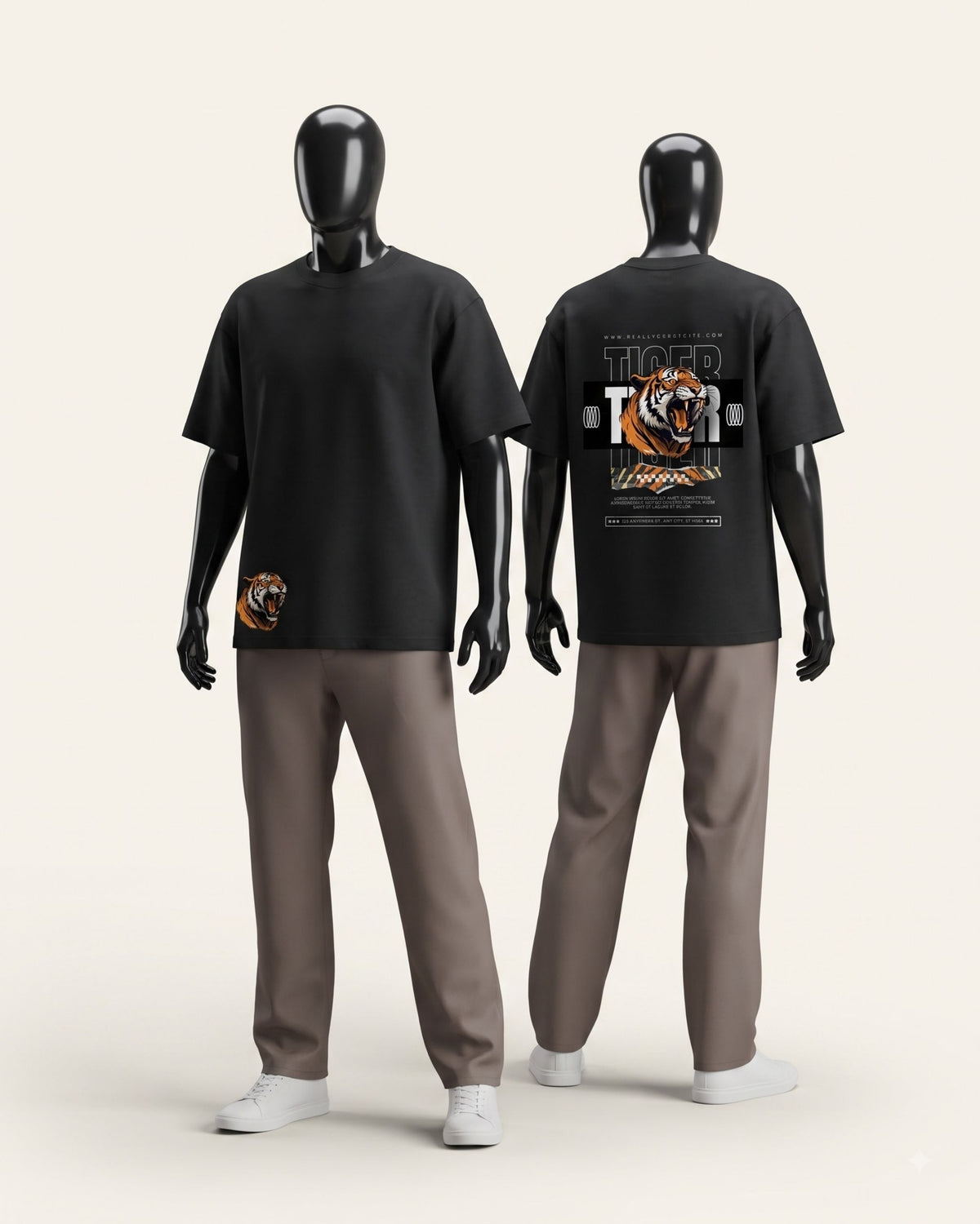 Black cotton tee shown from the front and the back, both printed with tiger graphics