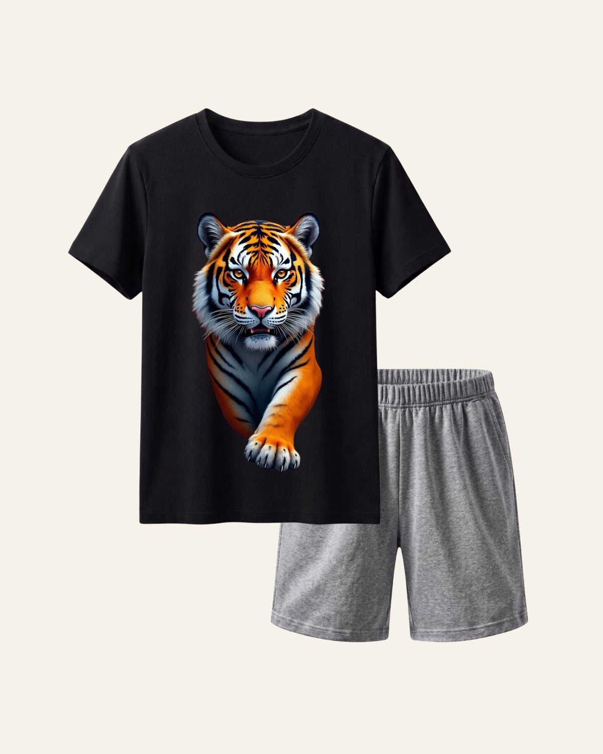 Black kids tee with a full colour tiger portrait print and matching grey shorts