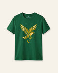 Kids green tee with a gold shaheen falcon print