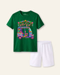 Kids green tee with a truck art rickshaw print and white shorts