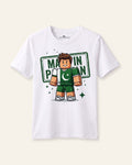 Kids white tee with a young cricketer in green and a chest slogan