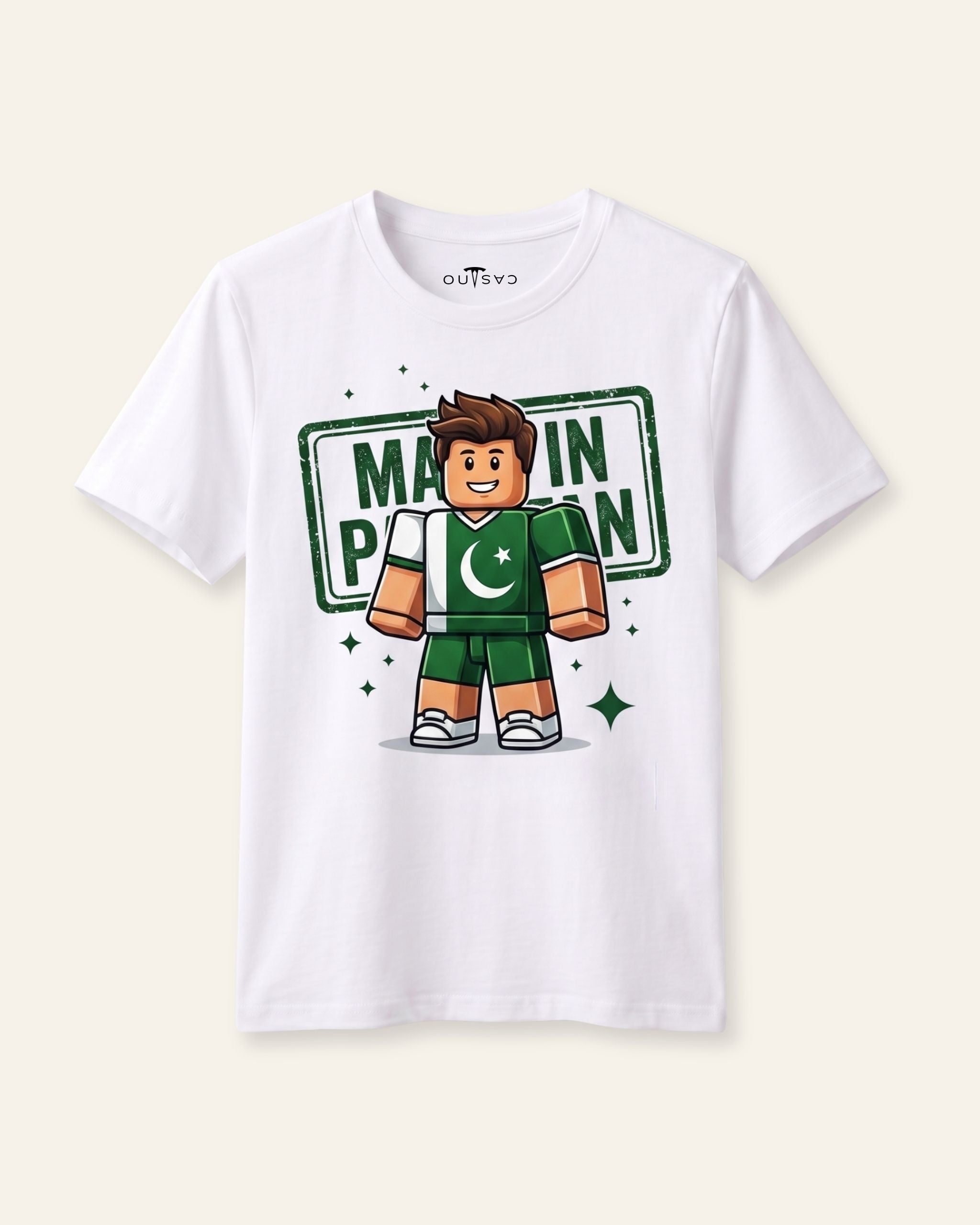 Kids white tee with a young cricketer in green and a chest slogan