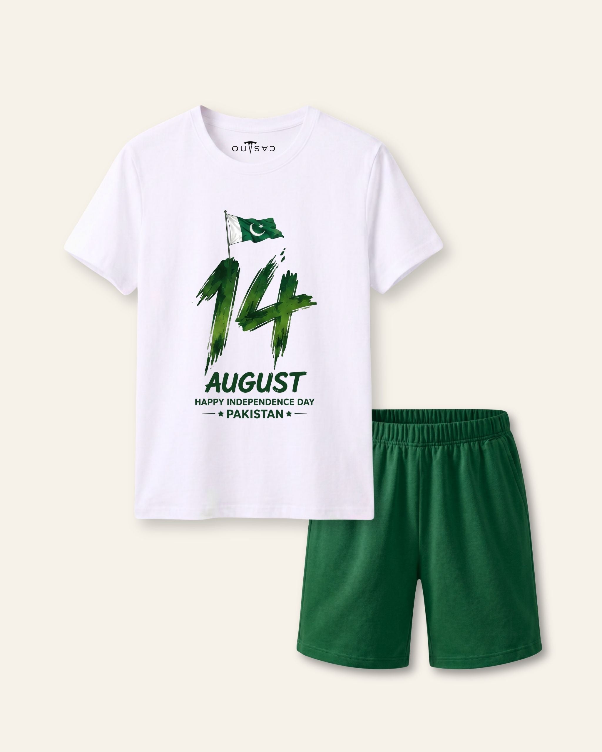 Kids white tee with bold 14 August numerals and green shorts