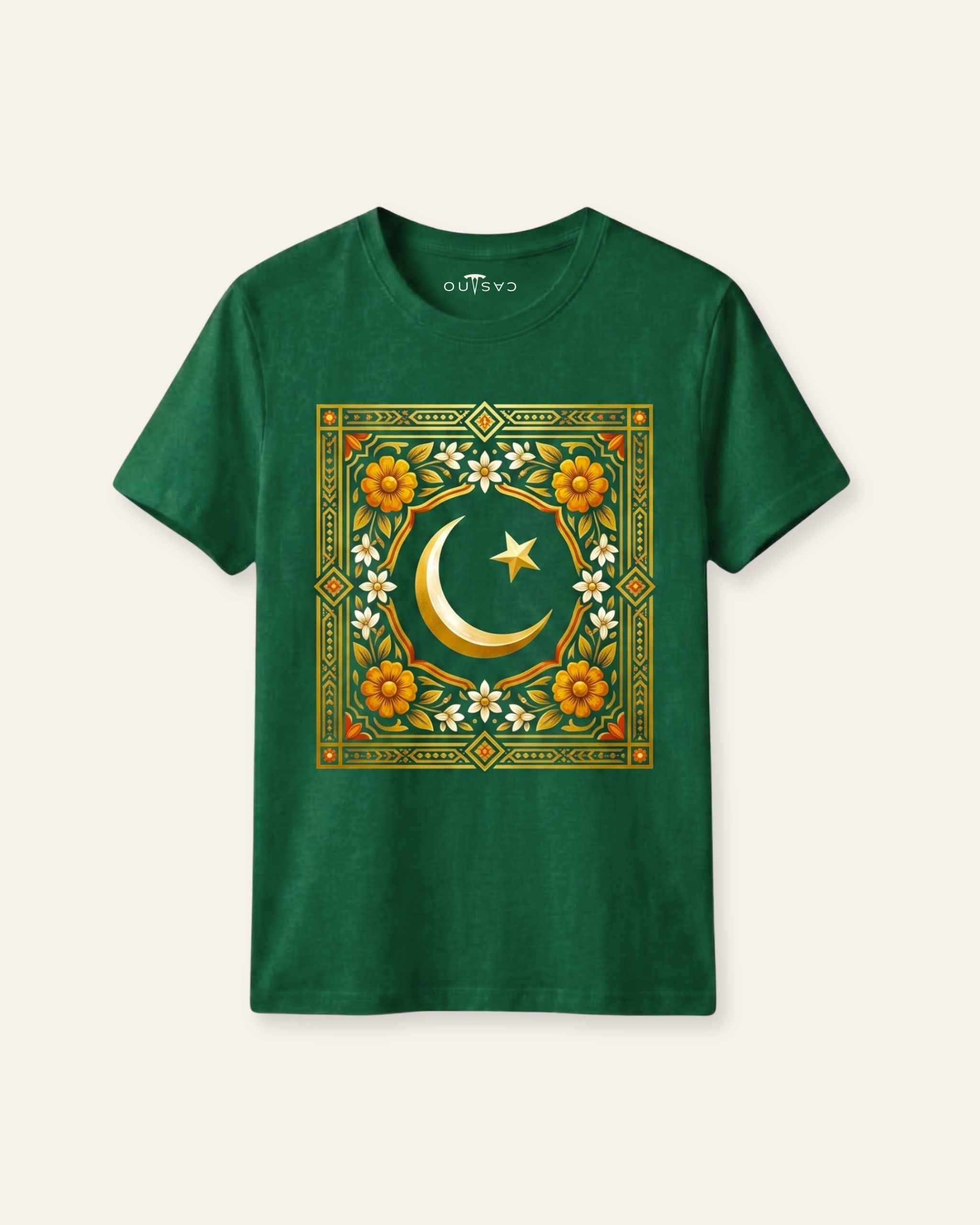 Kids green tee with a gold framed truck art panel print