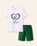 Kids white tee with a green heart and Pakistan print and green shorts