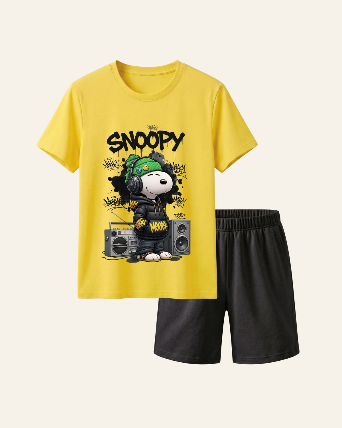 Yellow kids tee with a cartoon beagle and boombox print and matching dark shorts