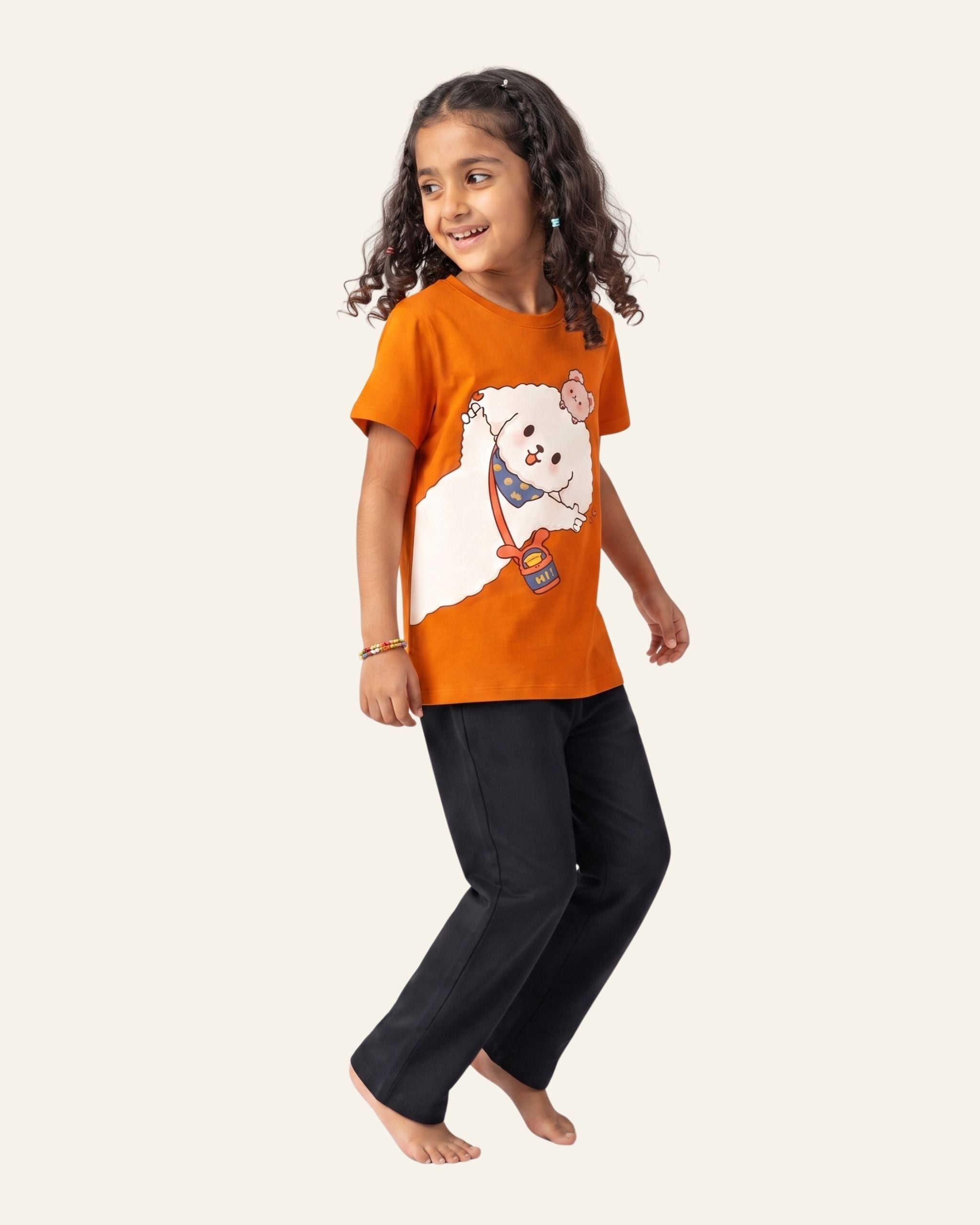 Girls Puppy Print Trouser Set — Orange