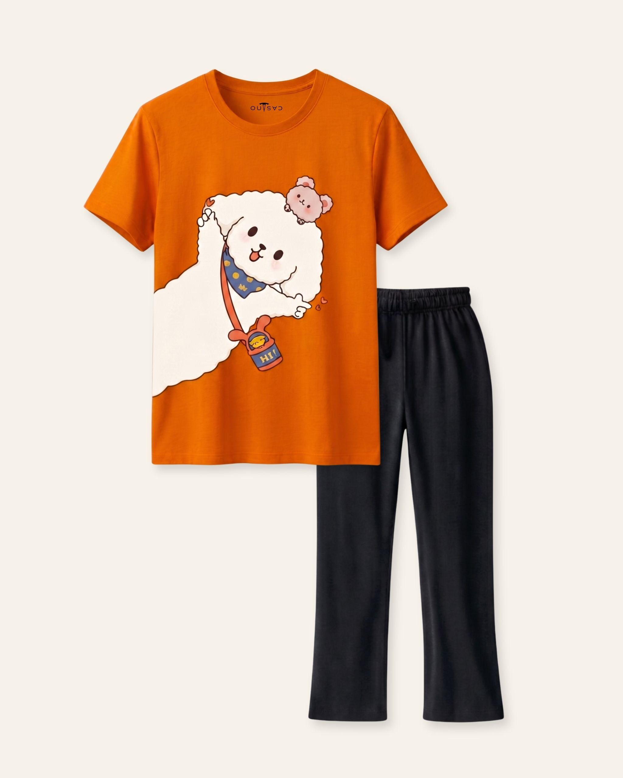 Girls Puppy Print Trouser Set — Orange
