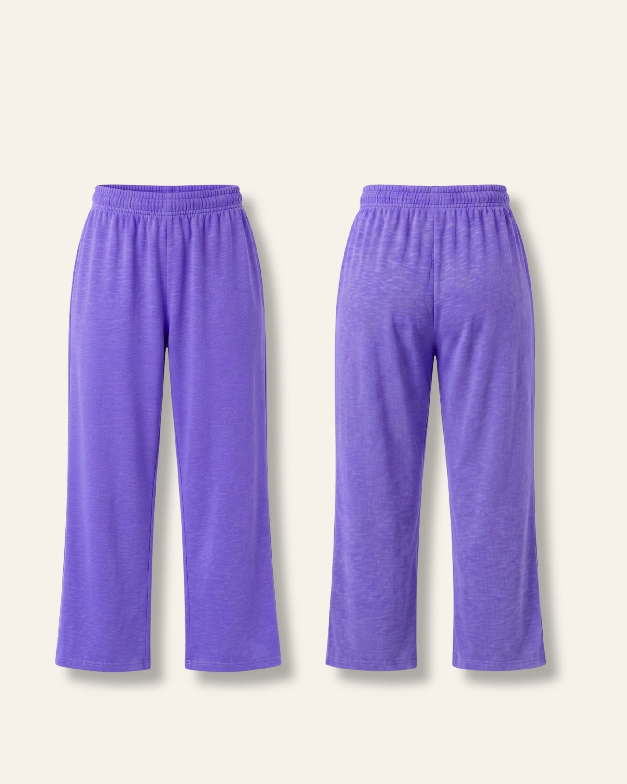 Kids purple trousers with an elastic waist, flat front and back