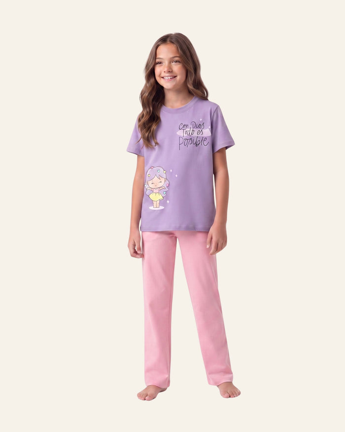 Girls Sweet Graphic Trouser Set — Lilac
