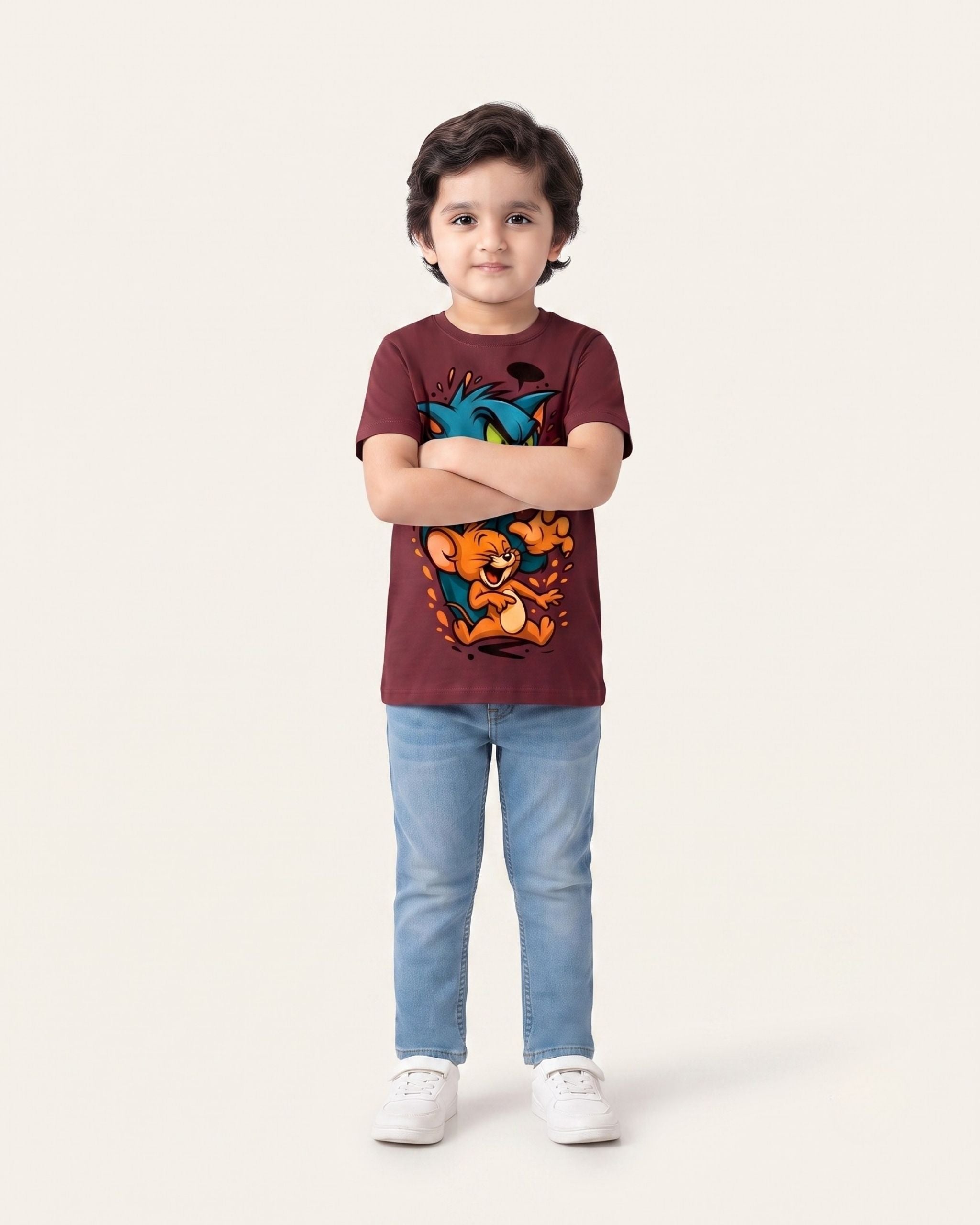 Boys Cat & Mouse Tee — Maroon