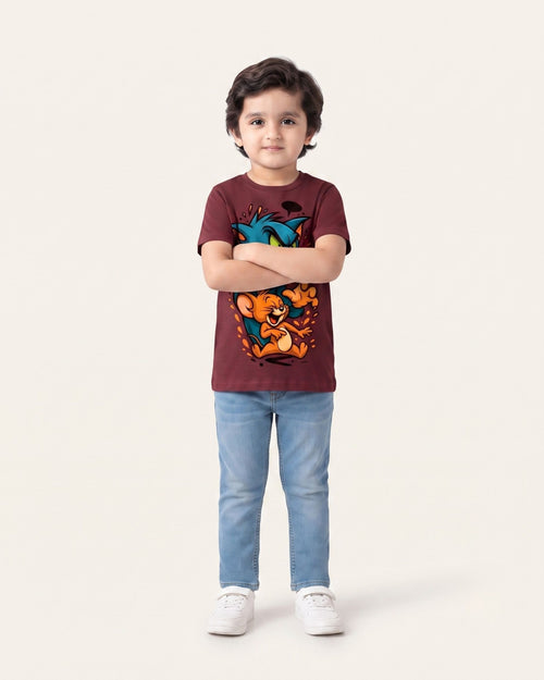 Boys Cat & Mouse Tee — Maroon