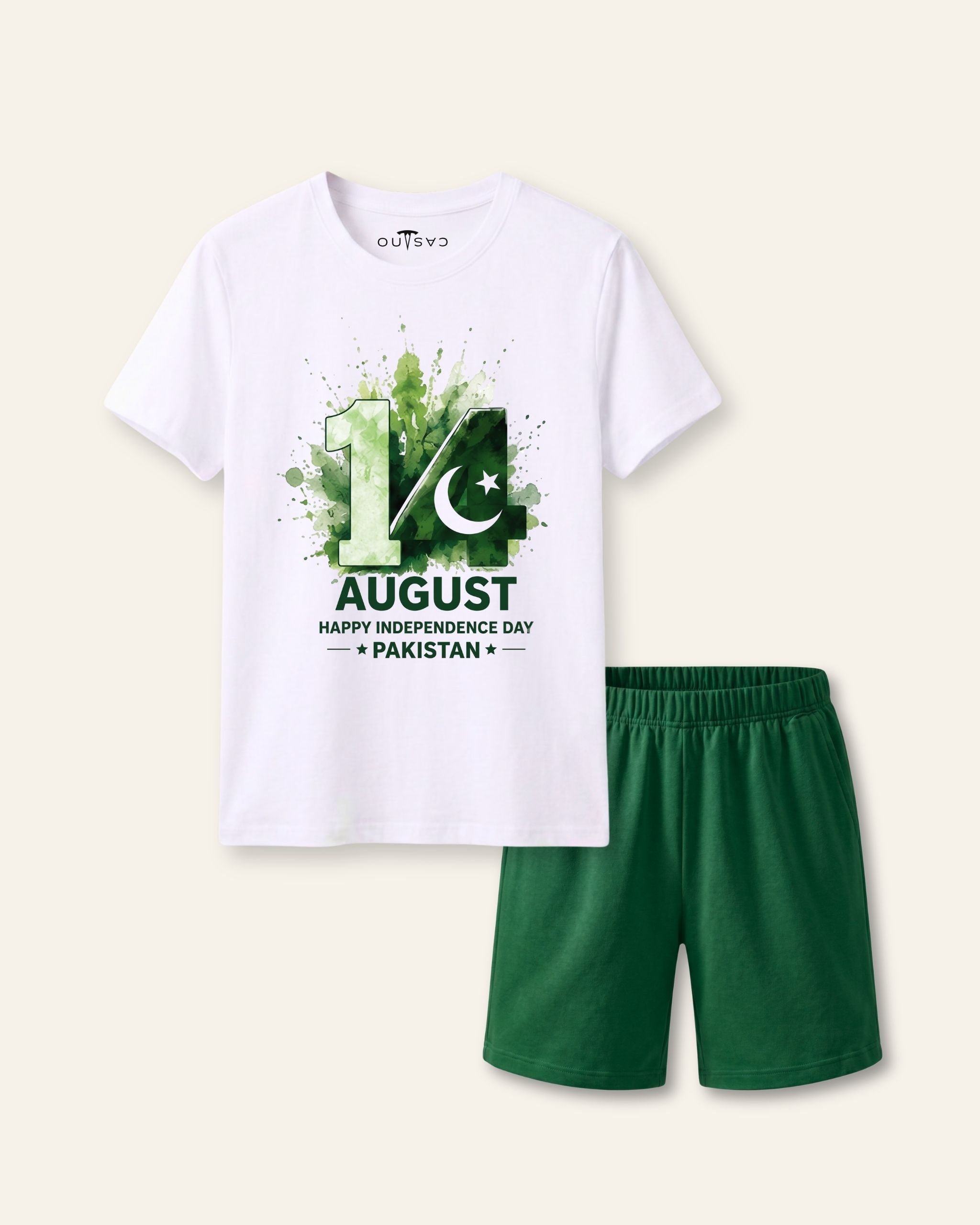 Kids white tee with a green splash and August print and green shorts