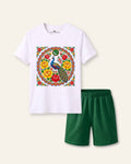 Kids white tee with a colourful truck art panel print and green shorts