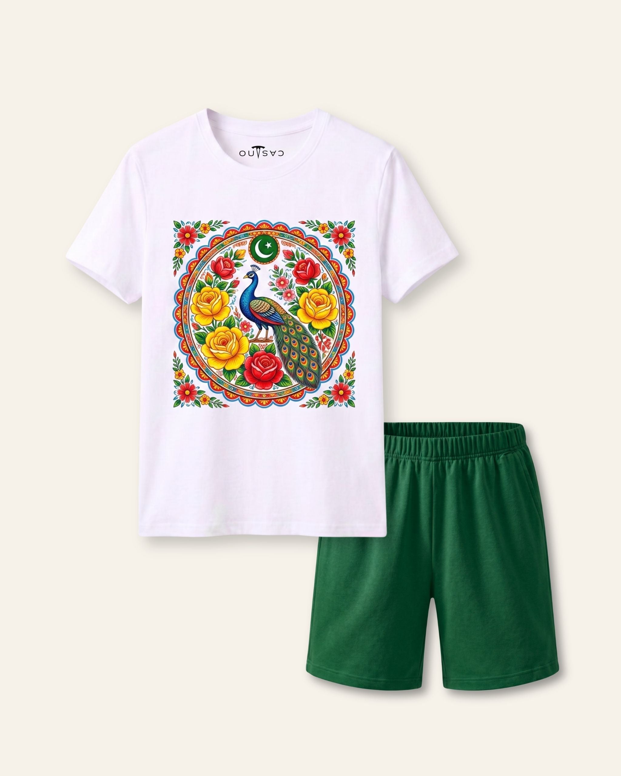 Kids white tee with a colourful truck art panel print and green shorts
