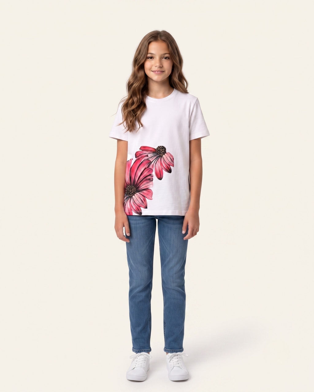 Girls Pink Daisy Tee — White